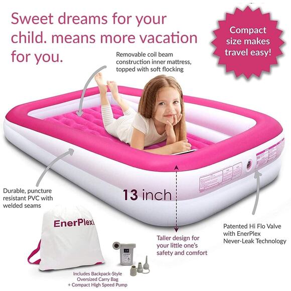 MSRP $86 Pink EnerPlex Kids Inflatable Portable Travel Bed with High Speed Pump - Picture 1 of 7